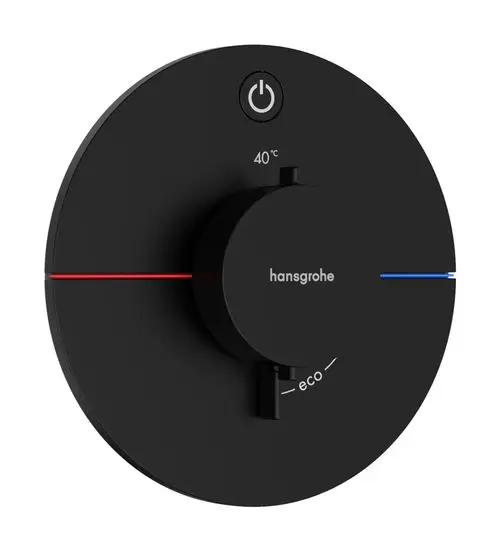 Thermostat von Hansgrohe in mattschwarz, rundes Design mit einstellbarem Temperaturregler, Eco-Funktion und LED-Anzeige für die Wassertemperatur.